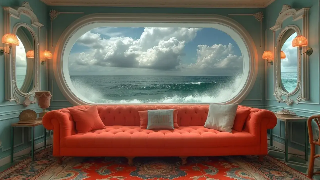 Un canapé orange vif face à une fenêtre ovale offrant une vue spectaculaire sur l'océan, un trompe l'oeil pour agrandir une pièce.