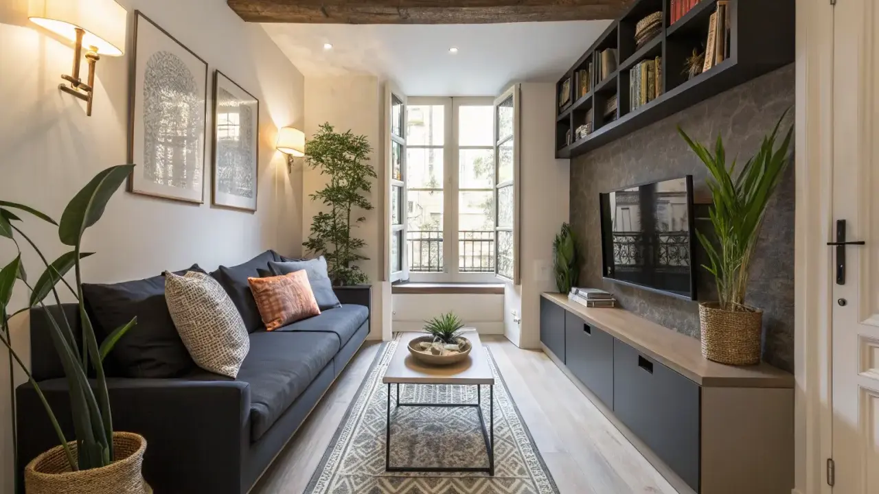 Salon cosy dans une maison en longueur, avec un canapé bleu, une table basse, une TV et des étagères.