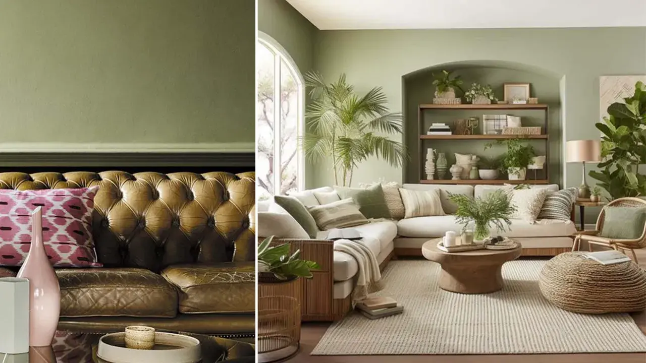 Un salon moderne et un canapé en cuir marron, le tout baigné d'une douce lumière dans un décor aux nuances vert sauge nuancier.