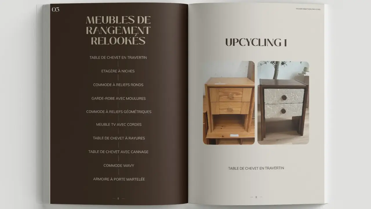 Transformation d'un meuble : une table de chevet en bois brut est métamorphosée en un meuble design avec un revêtement en travertin.