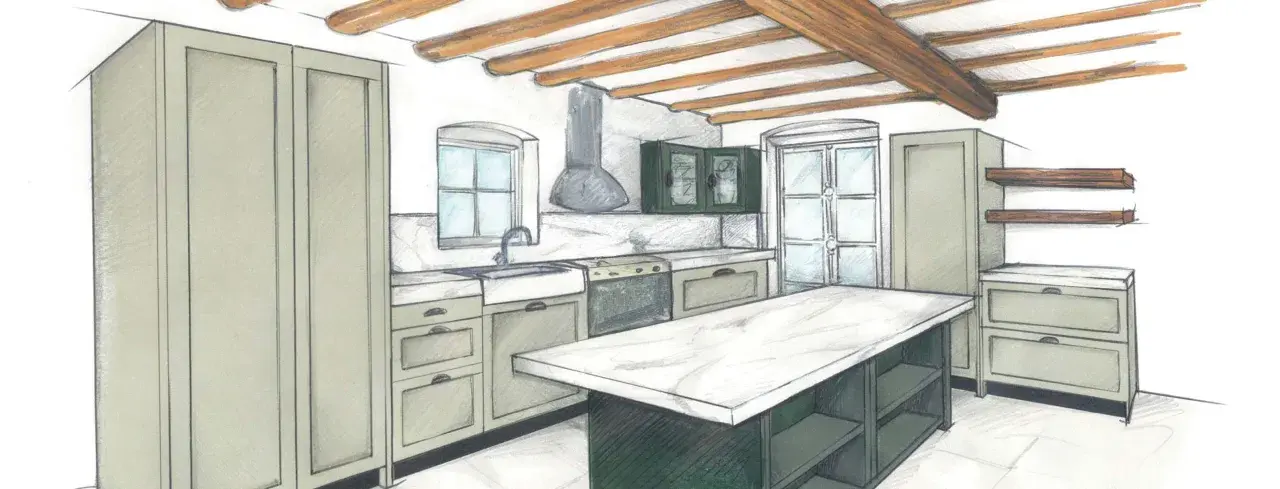 Esquisse d'une cuisine avec îlot central, placards verts et poutres apparentes. Le plan cuisine dimension est bien pensé pour l'ergonomie.