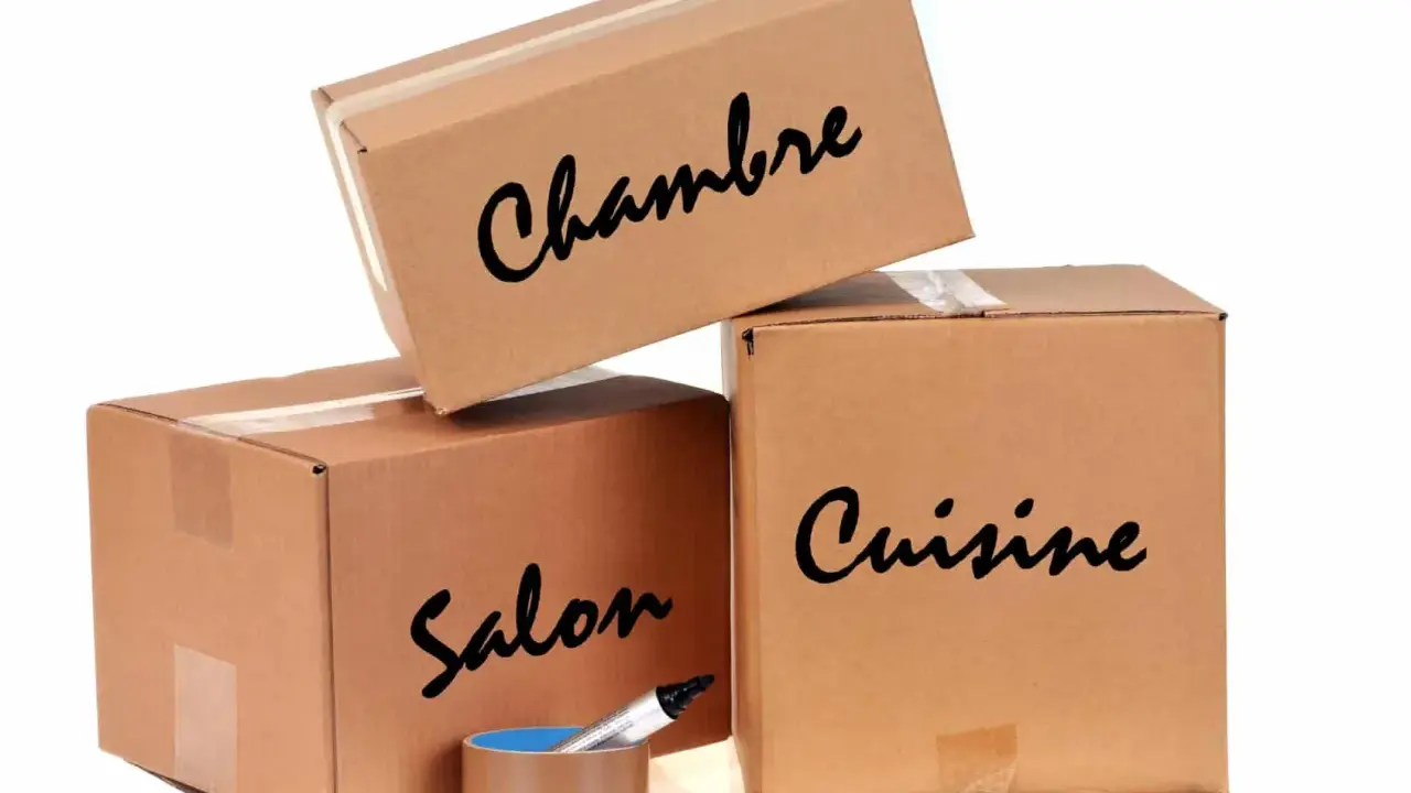 Trois cartons de déménagement gratuits, étiquetés "Chambre", "Salon" et "Cuisine", prêts pour un nouveau départ.