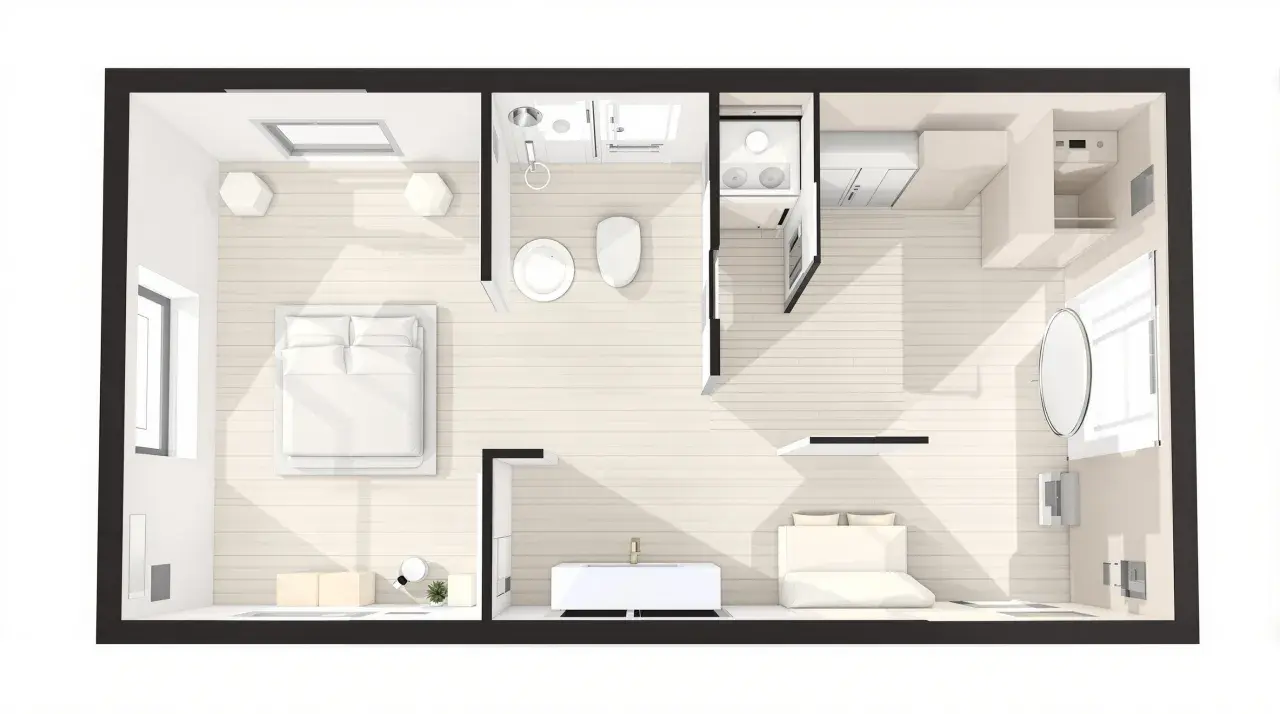 Plan d'une suite parentale avec chambre, salle de bain, dressing et coin salon.