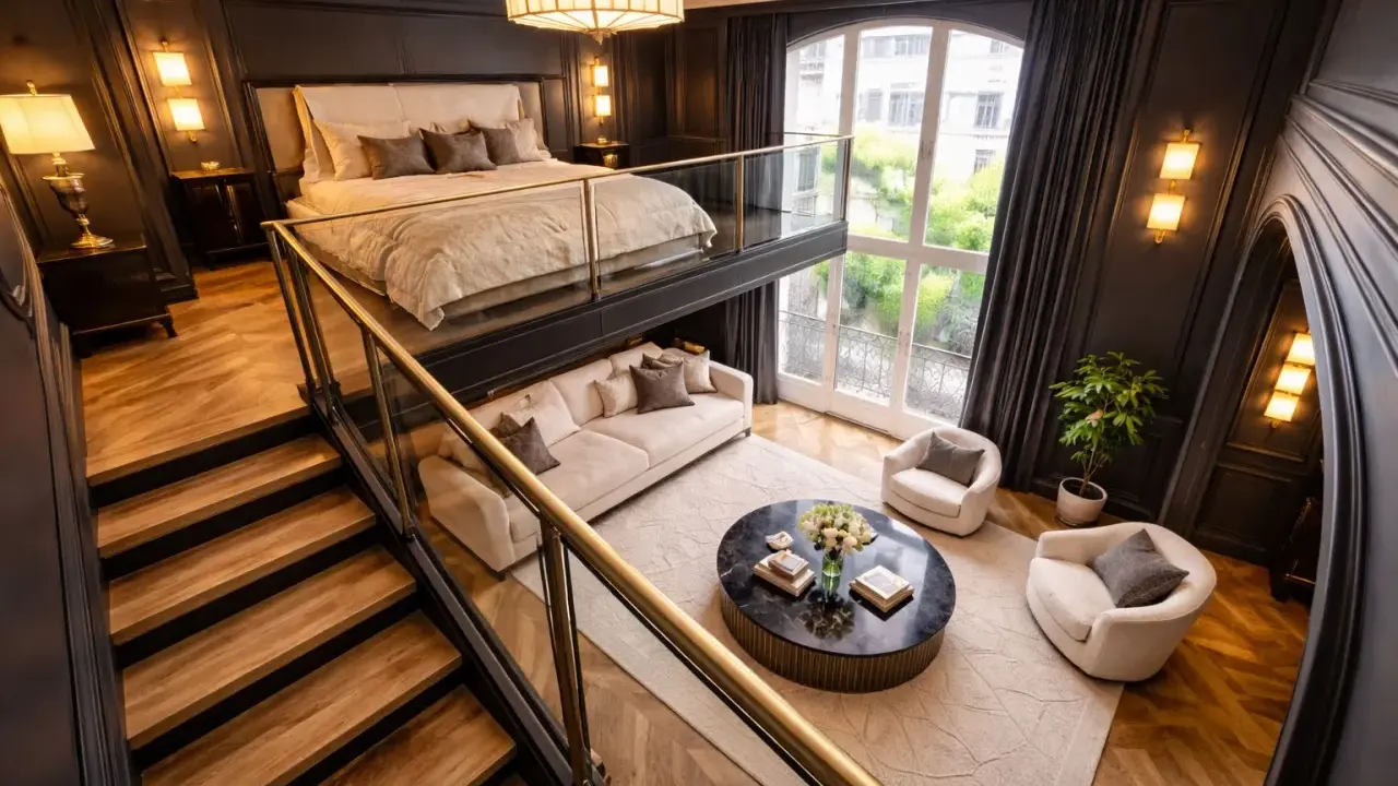 Élégante chambre mezzanine avec un lit douillet en hauteur, un salon cosy en contrebas et un escalier en bois menant à cet espace unique.