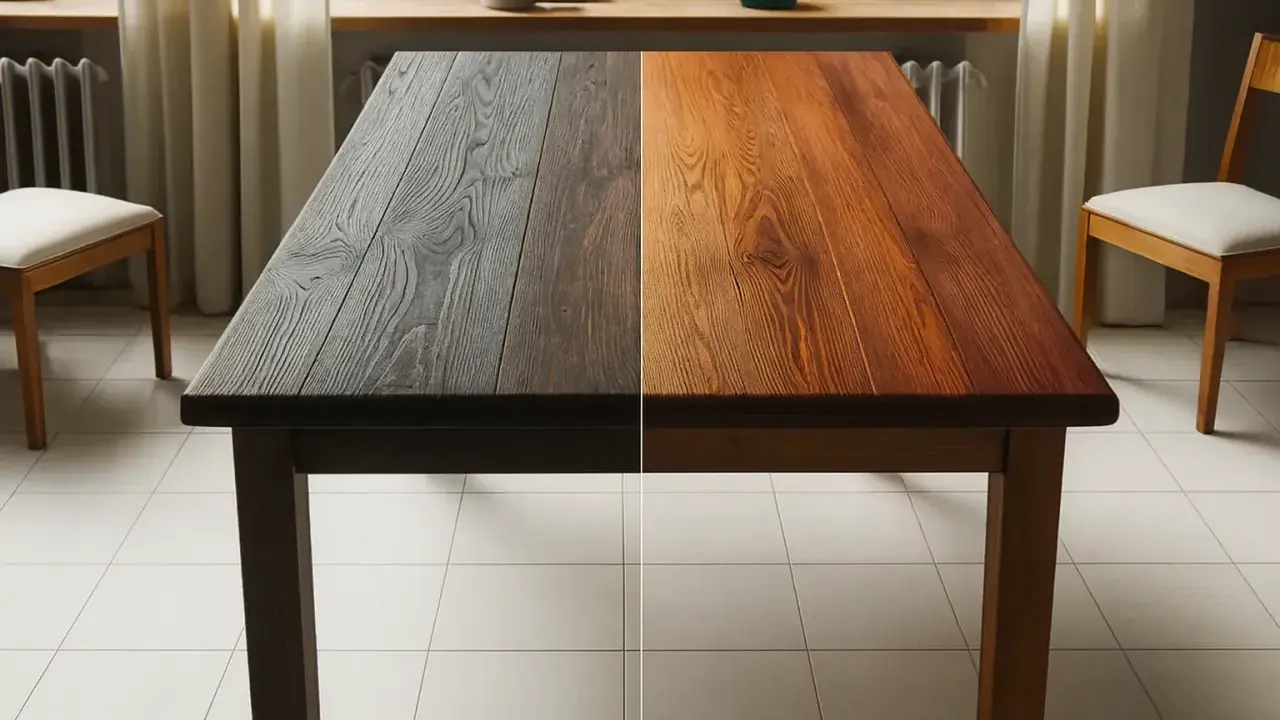 Table en bois divisée en deux : d'un côté sombre, de l'autre couleur naturelle. Idéal pour éclaircir bois naturellement.