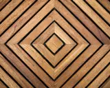 Motif géométrique en marqueterie contemporaine, alternant des bandes de bois brun clair et foncé formant des losanges imbriqués.