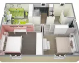 Plan d'un appartement 40m2 1 chambre : salon, bureau, salle de bain, deux chambres.