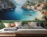 Une idée motif peinture murale : une baie méditerranéenne avec des villages colorés, des bateaux et une végétation luxuriante.