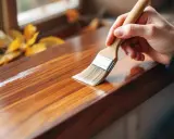 Main d'une personne appliquant une couche de vernis pour blanchir du bois. Les feuilles d'automne sont visibles en arrière-plan.