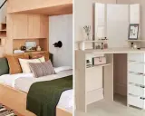 Aménagement astucieux d'une chambre 10m2 : lit mezzanine en bois avec escalier intégré et coiffeuse d'angle fonctionnelle.