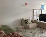 Aménagement petite maison : salon cosy avec canapé vert, fauteuil beige, table basse, TV et paravent translucide.