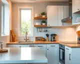 Aménagement petite cuisine 4m2 : évier, plaques, four, rangements optimisés, vaisselle et ustensiles en bois.