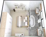 Chambre moderne avec lit, commode, armoire et une salle de bain attenante avec baignoire et lavabos. Une belle suite parentale.
