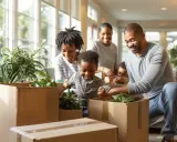 Famille souriante emballant des plantes pour un petit déménagement entre particuliers.