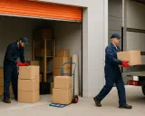 Deux déménageurs en bleu vident une cave, empilant des cartons près d'un camion.