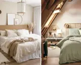 Deux chambres douillettes. L'une est une chambre beige et blanc avec un lit king-size et des décorations murales en rotin. L'autre est une chambre mansardée avec un lit vert sauge et une tête de lit en bois.