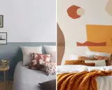 Deux lits douillets. À gauche, une tête de lit peinture originale avec des cadres. À droite, une tête de lit abstraite aux tons chauds.