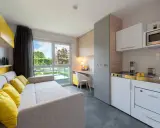 Aménagement studio moderne avec canapé, coin cuisine, bureau et vue sur jardin.