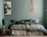 Une chambre vert sauge apaisante avec un lit douillet, un cactus et une œuvre d'art botanique.