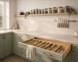 Tiroir ouvert montrant une organisation cuisine impeccable avec des couverts rangés. Des bocaux remplis d'ingrédients sont alignés sur une étagère.
