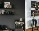 Aménager un petit coin café avec une machine expresso, des tasses suspendues et une étagère décorée de citations inspirantes.