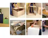 Étapes pour construire un meuble de rangement : assemblage de caissons en bois, ponçage et collage.