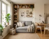 Petit appartement pour femme seule : canapé gris, étagères remplies, coin repas et cuisine fonctionnelle. Ambiance cosy et lumineuse.