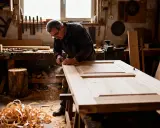 Un menuisier ébéniste travaille le bois dans son atelier, façonnant une porte avec précision. Des copeaux volent autour de lui.