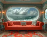 Un canapé orange vif face à une fenêtre ovale offrant une vue spectaculaire sur l'océan, un trompe l'oeil pour agrandir une pièce.
