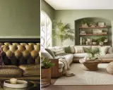 Un salon moderne et un canapé en cuir marron, le tout baigné d'une douce lumière dans un décor aux nuances vert sauge nuancier.