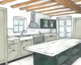 Esquisse d'une cuisine avec îlot central, placards verts et poutres apparentes. Le plan cuisine dimension est bien pensé pour l'ergonomie.