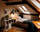 Chambre sous comble très bas, avec lit douillet, bureau et étagères. Lumière tamisée par les lucarnes et guirlandes.