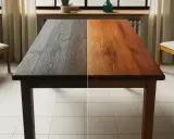 Table en bois divisée en deux : d'un côté sombre, de l'autre couleur naturelle. Idéal pour éclaircir bois naturellement.