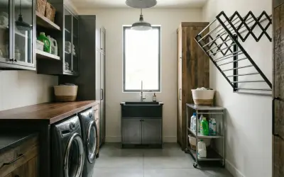 Ample space in this arrière cuisine, with two washers, a large sink, and plenty of storage. A drying rack is mounted on the wall.