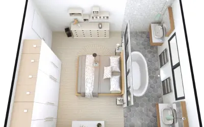 Chambre moderne avec lit, commode, armoire et une salle de bain attenante avec baignoire et lavabos. Une belle suite parentale.