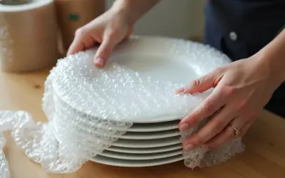 Mains protègent une pile de vaisselle avec du papier bulle, préparant le déménagement.