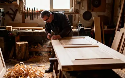 Un menuisier ébéniste travaille le bois dans son atelier, façonnant une porte avec précision. Des copeaux volent autour de lui.