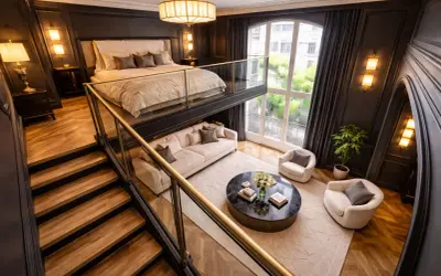 Élégante chambre mezzanine avec un lit douillet en hauteur, un salon cosy en contrebas et un escalier en bois menant à cet espace unique.