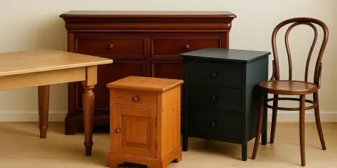 Un petit meuble en bois orange, une commode sombre et une chaise courbée, prêts à être relookés.