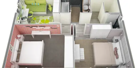 Plan d'un appartement 40m2 1 chambre : salon, bureau, salle de bain, deux chambres.