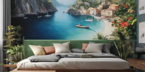 Une idée motif peinture murale : une baie méditerranéenne avec des villages colorés, des bateaux et une végétation luxuriante.