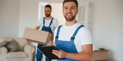Deux déménageurs en bleu, l'un tenant une boîte, l'autre un presse-papiers pour la déclaration de valeur déménagement.