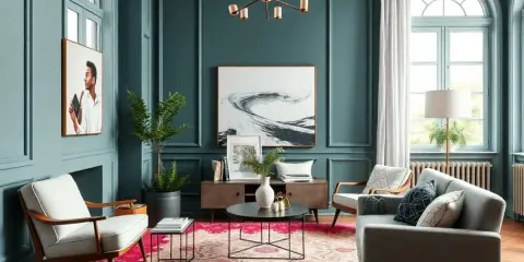 Salon aux murs bleu canard, tapis fuchsia audacieux et mobilier moderne. Une ambiance chic qui pourrait bien être la couleur tendance 2026.