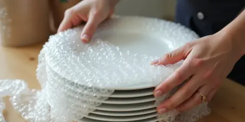 Mains protègent une pile de vaisselle avec du papier bulle, préparant le déménagement.