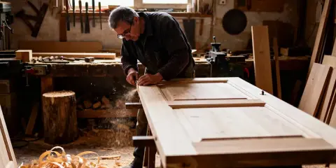 Un menuisier ébéniste travaille le bois dans son atelier, façonnant une porte avec précision. Des copeaux volent autour de lui.
