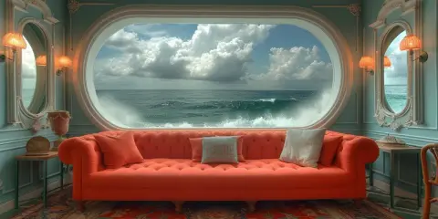 Un canapé orange vif face à une fenêtre ovale offrant une vue spectaculaire sur l'océan, un trompe l'oeil pour agrandir une pièce.