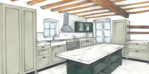 Esquisse d'une cuisine avec îlot central, placards verts et poutres apparentes. Le plan cuisine dimension est bien pensé pour l'ergonomie.