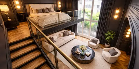 Élégante chambre mezzanine avec un lit douillet en hauteur, un salon cosy en contrebas et un escalier en bois menant à cet espace unique.