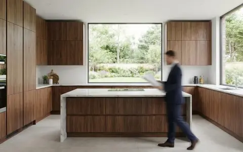 Cuisine moderne en 2 parties, avec des armoires en bois de noyer et un îlot central en marbre. Une grande fenêtre donne sur un jardin luxuriant.