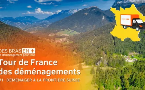 Un camion de déménagement sur une carte de France, prêt pour déménager en Suisse. Paysage montagneux en arrière-plan.